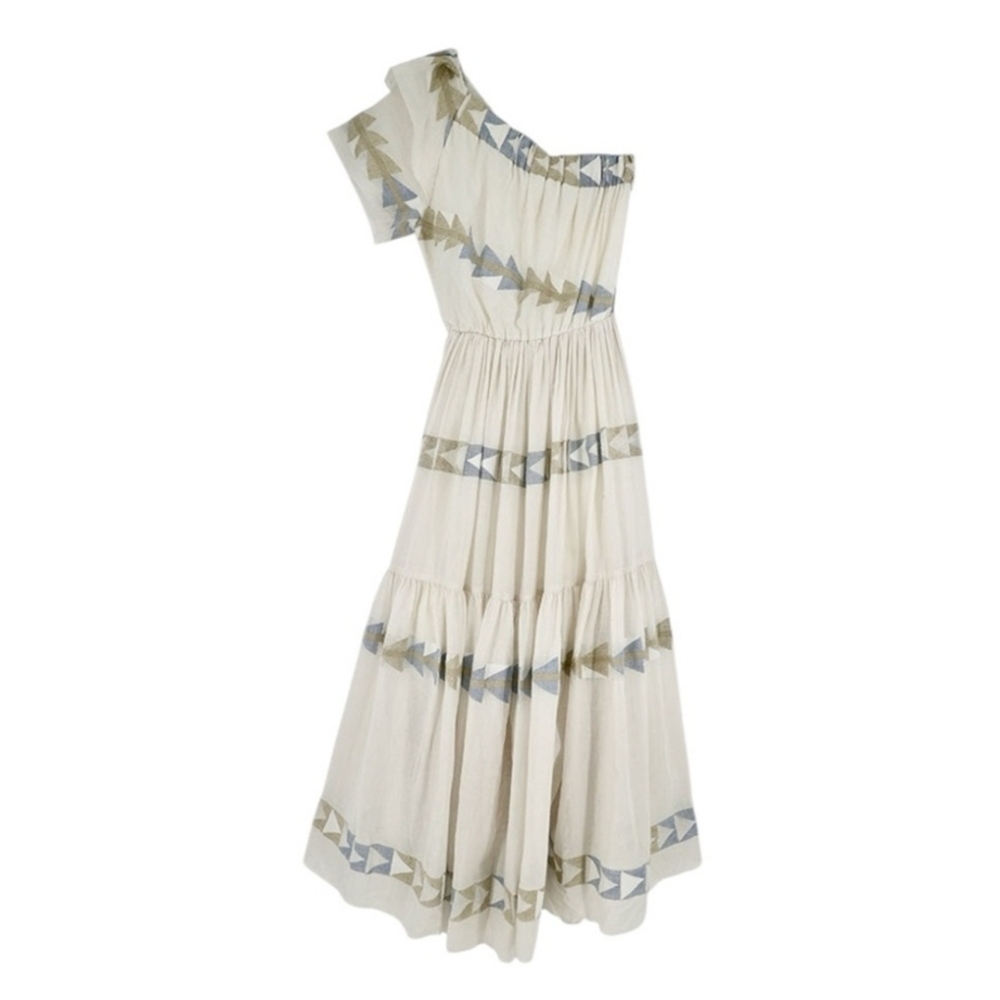 Mirth Paros One Shoulder Maxi Dress in White and Tan Wedding guest Size Large - Picture 8 of 16